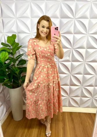Vestido Laíse 100% Algodão Bordado 3D Mídi Susana - Salmão - Milla Chic