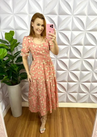 Vestido Laíse 100% Algodão Bordado 3D Mídi Susana - Salmão - Milla Chic