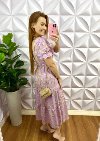 Vestido Laíse 100% Algodão Bordado 3D Mídi Susana - Lavanda - Milla Chic