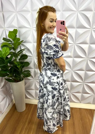Vestido Laíse 100% Algodão Bordado Em Alto Relevo Helena - Branco e Azul - Milla Chic