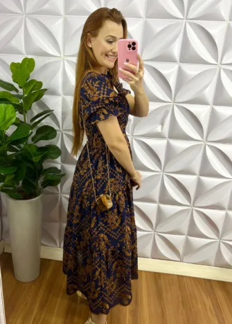 Vestido Laíse 100% Algodão Bordado Em Alto Relevo Helena - Azul Com Dourado - Milla Chic