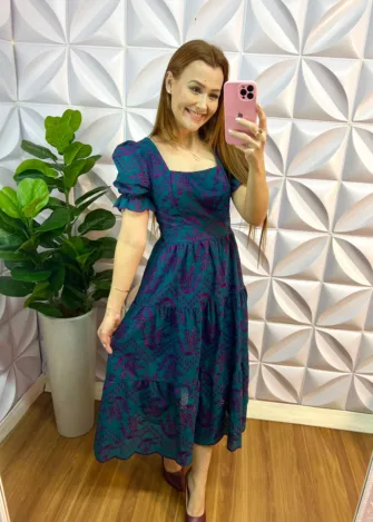 Vestido Laíse 100% Algodão Bordado Em Alto Relevo Helena - Verde Com Roxo - Milla Chic