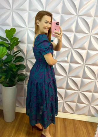 Vestido Laíse 100% Algodão Bordado Em Alto Relevo Helena - Verde Com Roxo - Milla Chic