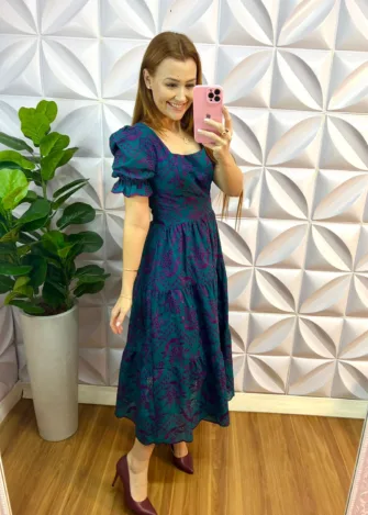 Vestido Laíse 100% Algodão Bordado Em Alto Relevo Helena - Verde Com Roxo - Milla Chic