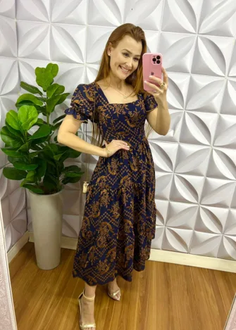 Vestido Laíse 100% Algodão Bordado Em Alto Relevo Helena - Azul Com Dourado - Milla Chic