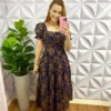 Vestido Laíse 100% Algodão Bordado Em Alto Relevo Helena - Azul Com Dourado - Milla Chic