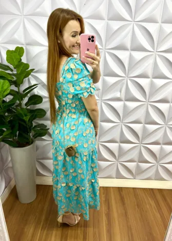 Vestido Laíse 100% Algodão Bordado 3D Mídi Susana - Azul - Milla Chic