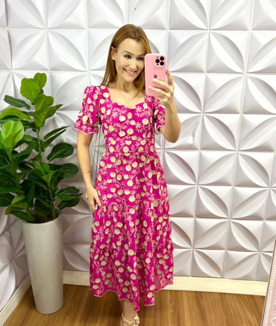Vestido Laíse 100% Algodão Bordado 3D Mídi Susana - Pink - Milla Chic