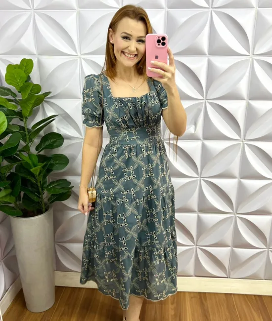 Vestido Laíse 100% Algodão Com Bojo Maria Clara - Azul Acinzentado - Milla Chic