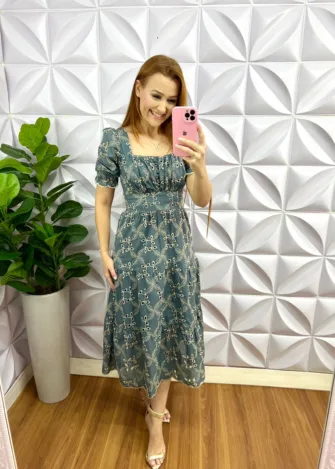 Vestido Laíse 100% Algodão Com Bojo Maria Clara - Azul Acinzentado - Milla Chic