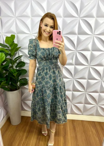 Vestido Laíse 100% Algodão Com Bojo Maria Clara - Azul Acinzentado - Milla Chic