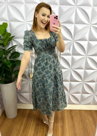Vestido Laíse 100% Algodão Com Bojo Maria Clara - Azul Acinzentado - Milla Chic