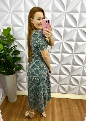 Vestido Laíse 100% Algodão Com Bojo Maria Clara - Azul Acinzentado - Milla Chic