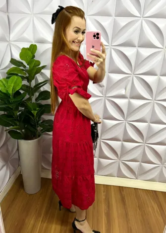 Vestido Laíse 100% Algodão Com Marias Mídi Manuela - Vermelho - Milla Chic