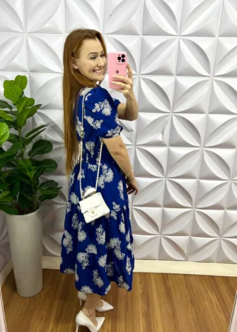 Vestido Laise de Algodão Mídi Laura - Azul Com Branco - Milla Chic