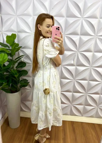 Vestido Laise de Algodão Mídi Laura - Branco e Areia - Milla Chic