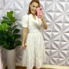 Vestido Laise de Algodão Mídi Laura - Branco e Areia - Milla Chic