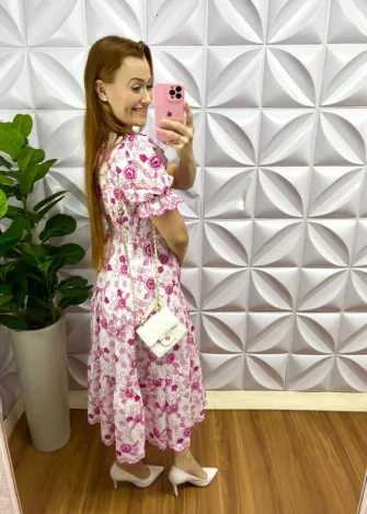 Vestido Lasie Algodão 3D Mangas Princesa Com Botões Encapados Kate - Branco Com Rosa - Milla Chic