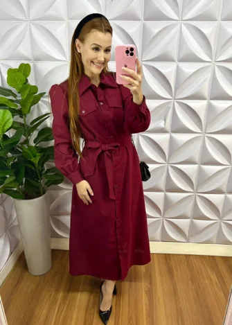 Vestido Linhão Manga Longa Com Faixa Cinto Leandra - Cereja - Milla Chic
