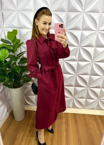 Vestido Linhão Manga Longa Com Faixa Cinto Leandra - Cereja - Milla Chic