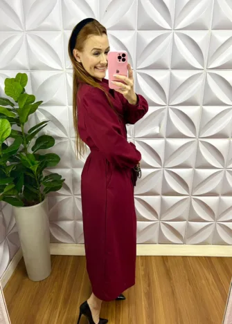 Vestido Linhão Manga Longa Com Faixa Cinto Leandra - Cereja - Milla Chic