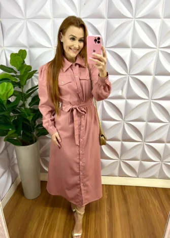 Vestido Linhão Manga Longa Com Faixa Cinto Leandra - Rosa - Milla Chic