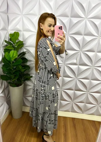 Vestido Longo Dunna Manga Longa Estampa Geométrica Amelia - Preto - Milla Chic
