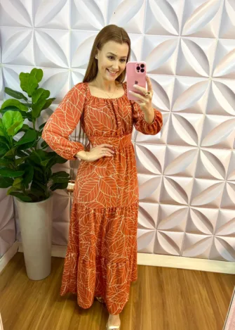 Vestido Longo Dunna Manga Longa Marilia - Terra Cota - Milla Chic
