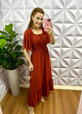 Vestido Longo Dunna Manga Raglan Margarete - Terra Cota - Milla Chic
