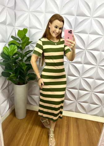 Vestido Malha Listrado Fenda Lateral Larissa - Verde - Milla Chic