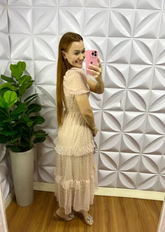 Vestido Tule Bolinha Decote Quadrado Manga Princesa Babadinhos Nas Marias Milene - Areia - Milla Chic