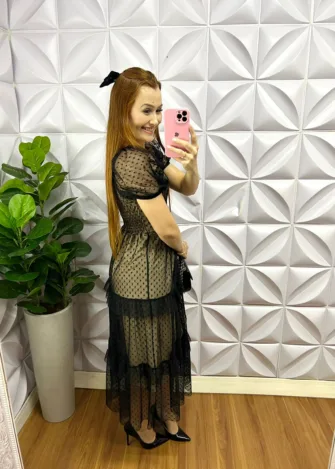 Vestido Tule Bolinha Decote Quadrado Manga Princesa Babadinhos Nas Marias Milene - Areia Com Preto - Milla Chic