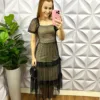 Vestido Tule Bolinha Decote Quadrado Manga Princesa Babadinhos Nas Marias Milene - Areia Com Preto - Milla Chic