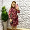 Vestido Tule Gola Alta  Estampa De Folha Adele - Cereja - Milla Chic