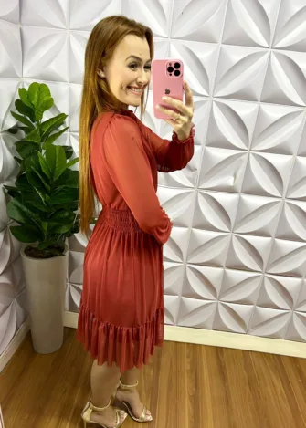 Vestido Tule Gola Alta Cor Lisa Adele - Terra Cota - Milla Chic