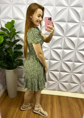 Vestido Viscolinho Estampado Curto Manga Princesa Mariane - Verde - Milla Chic