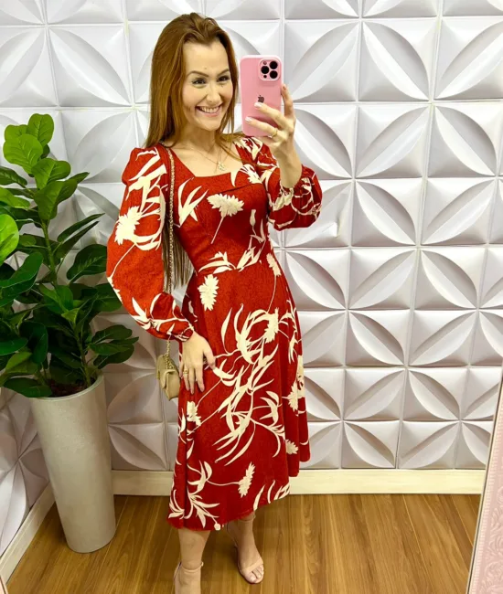 Vestido Viscolinho Estampado Manga Longa Mídi Evase Teresa - Terra Cota - Milla Chic