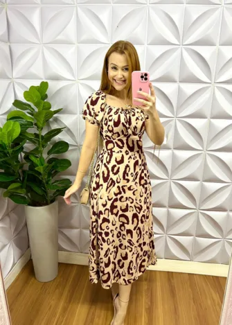 Vestido Viscolinho Estampado Mídi Elis - Onça - Milla Chic