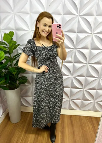 Vestido Viscolinho Estampado Mídi Elis - Preto - Milla Chic
