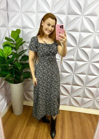 Vestido Viscolinho Estampado Mídi Elis - Preto - Milla Chic