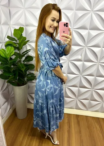 Vestido Viscolinho Manga 7/8 Faixa Cinto Floral Larayne - Azul - Milla Chic