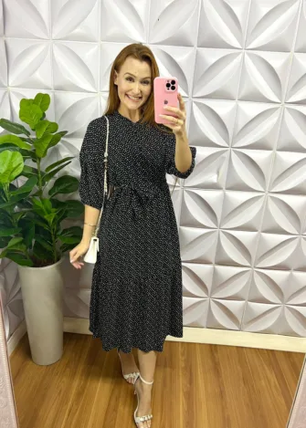 Vestido Viscolinho Manga 7/8 Faixa Cinto Floral Larayne - Preto - Milla Chic