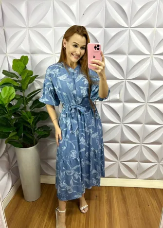 Vestido Viscolinho Manga 7/8 Faixa Cinto Floral Larayne - Azul - Milla Chic