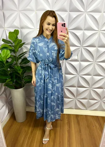 Vestido Viscolinho Manga 7/8 Faixa Cinto Floral Larayne - Azul - Milla Chic