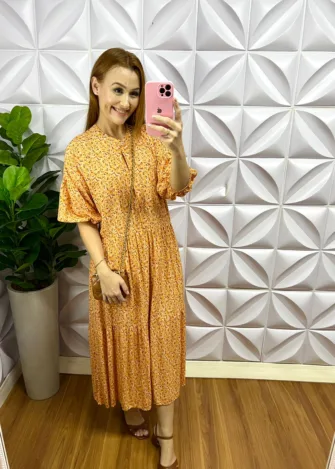 Vestido Viscolinho Manga 7/8 Floral Larayne - Amarelo - Milla Chic