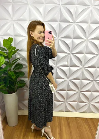 Vestido Viscolinho Manga 7/8 Faixa Cinto Floral Larayne - Preto - Milla Chic