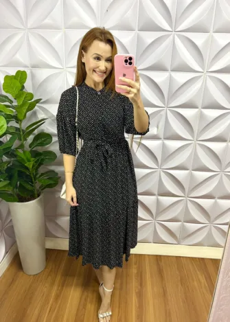 Vestido Viscolinho Manga 7/8 Faixa Cinto Floral Larayne - Preto - Milla Chic