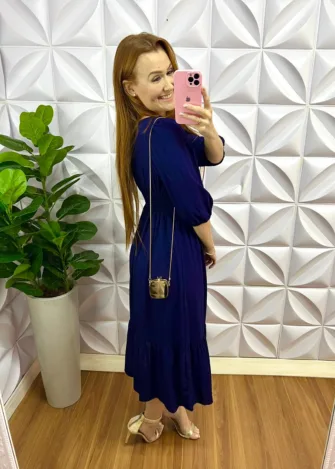 Vestido Viscolinho Mídi Com Manga 7/8 Samira - Azul Marinho - Milla Chic