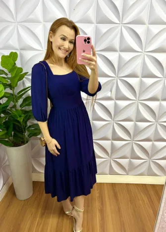 Milla Chic - millachic com br vestido viscolinho midi com manga 78 samira azul marinho 1 Vestido Viscolinho Mídi Com Manga 7/8 Samira - Azul Marinho - Milla Chic