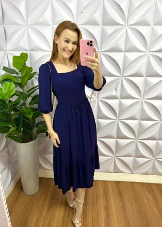 Milla Chic - millachic com br vestido viscolinho midi com manga 78 samira azul marinho 2 Vestido Viscolinho Mídi Com Manga 7/8 Samira - Azul Marinho - Milla Chic